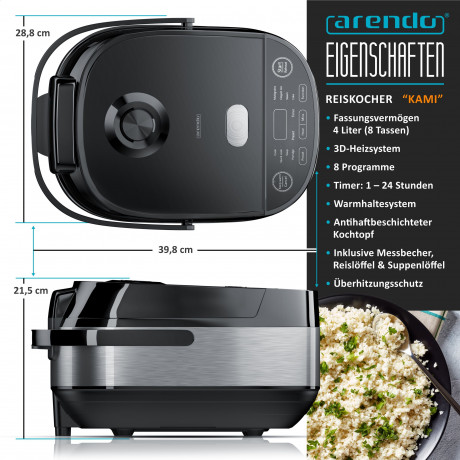 Arendo Arendo Reiskocher, 800 W, Multikocher, Dampfgarer, 3D Heizsystem, 8 Programme, Warmhaltefunktion  Рисоварка Arendo, 800 Вт, мультиварка, пароварка, система подогрева 3D, 8 программ, функция поддржания тепла
