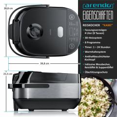 Arendo Arendo Reiskocher, 800 W, Multikocher, Dampfgarer, 3D Heizsystem, 8 Programme, Warmhaltefunktion  Рисоварка Arendo, 800 Вт, мультиварка, пароварка, система подогрева 3D, 8 программ, функция поддржания тепла