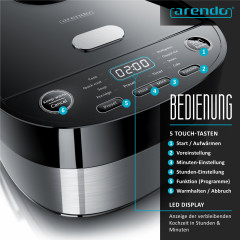Arendo Arendo Reiskocher, 800 W, Multikocher, Dampfgarer, 3D Heizsystem, 8 Programme, Warmhaltefunktion  Рисоварка Arendo, 800 Вт, мультиварка, пароварка, система подогрева 3D, 8 программ, функция поддржания тепла