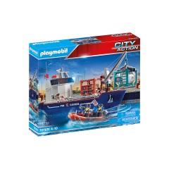 PLAYMOBIL 2er Set: 70769 Grosses Containerschiff mit Zollboot + 70772 Gabelstapler mit Fracht Набор из 2 предметов: 70769 Большой контейнеровоз с таможенной лодкой + 70772 Вилочный погрузчик с грузом