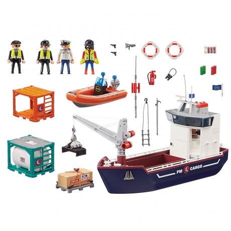 PLAYMOBIL 2er Set: 70769 Grosses Containerschiff mit Zollboot + 70772 Gabelstapler mit Fracht Набор из 2 предметов: 70769 Большой контейнеровоз с таможенной лодкой + 70772 Вилочный погрузчик с грузом