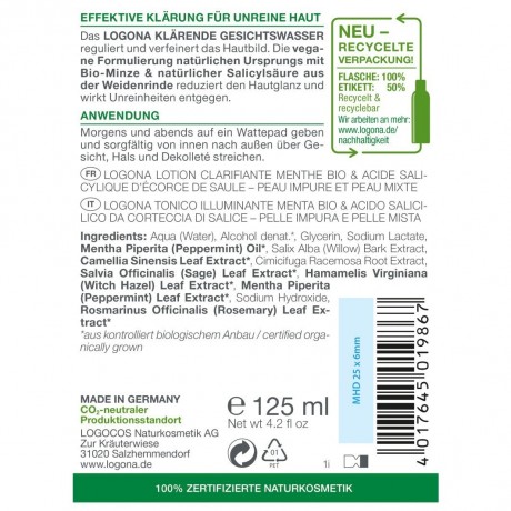 Logona Klarendes Gesichtswasser Bio-Minze & Salicylsaure aus der Weidenrinde Осветляющий тоник для лица с органической мятой и салициловой кислотой из коры ивы