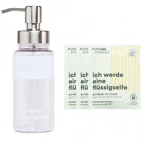 FUTURE STORIES Vorteilskit 3er Set Flussigseifen Pulver Koriander & Limette inkl. Pumpspender  Набор Advantage Kit из 3 жидких мыльных порошков с кориандром и лаймом, включая помпу-дозатор