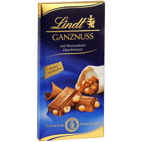 Lindt Ganznuss Альпийский моочный шоколад с цельным лесным орехом 100г