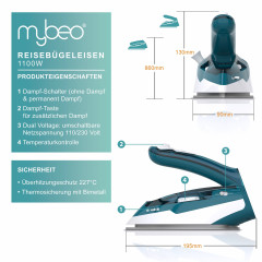 MyBeo MyBeo Reisebugeleisen, faltbares Bugeleisen 1100 W, mit Dampf,  Edelstahl Gleitsohle  Дорожный утюг MyBeo, складной утюг, 1100 Вт, с паром, скользящая подошва из нержавеющей стали