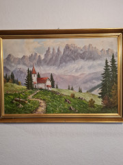 Картина винтажная "Горный пейзаж с домиком", 66 x 46,5 см, Германия, 1960-70гг.