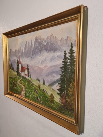 Картина винтажная "Горный пейзаж с домиком", 66 x 46,5 см, Германия, 1960-70гг.