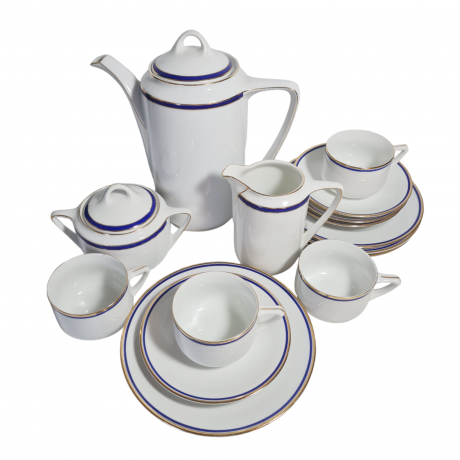 Сервиз чайный винтажный Eamag Alt Schonwald на 4 персоны, с синей и золотой полосой, фарфор, Германия, 1960-70гг.