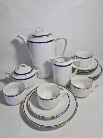 Сервиз чайный винтажный Eamag Alt Schonwald на 4 персоны, с синей и золотой полосой, фарфор, Германия, 1960-70гг.