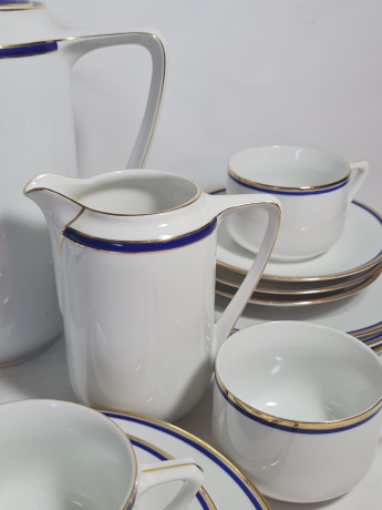 Сервиз чайный винтажный Eamag Alt Schonwald на 4 персоны, с синей и золотой полосой, фарфор, Германия, 1960-70гг.