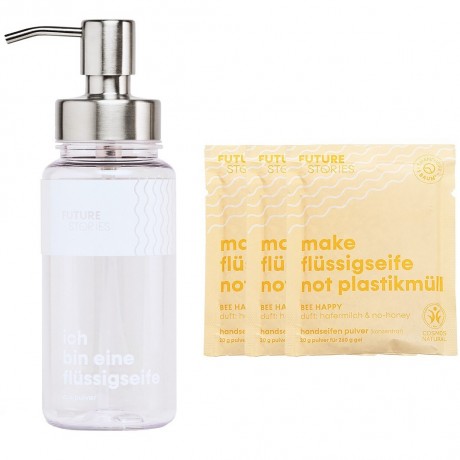 FUTURE STORIES Vorteilskit 3er Set Flussigseifen Pulver Hafermilch & No-Honey inkl. Pumpspender  Набор Advantage Kit из 3 жидких мыльных порошков с овсяным молоком и без меда, включая помпу-дозатор