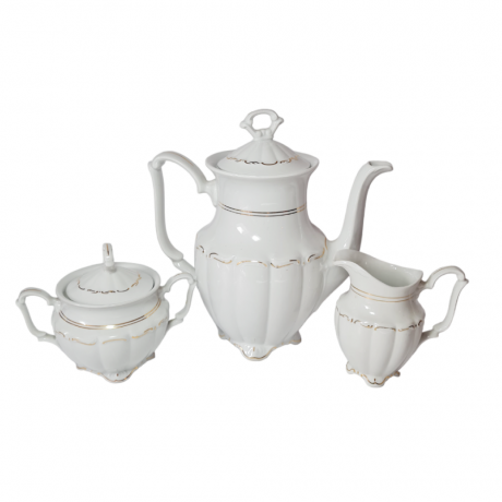 Walbrzych Poland Белый фарфоровый чайный набор с позолотой: чайник, сахарница, молочник, Польша, 1960-70гг.