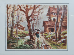 Картина винтажная Martocell "Осенняя прогулка в лесу", в раме, 15 х 12 см, Германия, 1980-90гг.