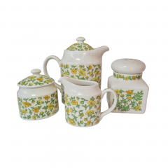 Набор посуды винтажный Taunton Valb England: чайник, молочник, сахарница, банка с крышкой "Желтые цветы", фарфор, Англия, 1960-70гг.
