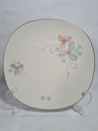 Чайное трио винтажное PMR Jaeger&Co Bavaria с нежными абстрактными цветами, ребристая фактура тарелок, фарфор, Германия, 1960-70гг.