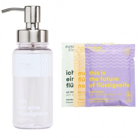 FUTURE STORIES Vorteilskit 3er Set Flussigseifen Pulver mit allen Sorten inkl. Pumpspender Набор Advantage Kit из 3 жидких мыльных порошков всех типов, включая помповый дозатор.