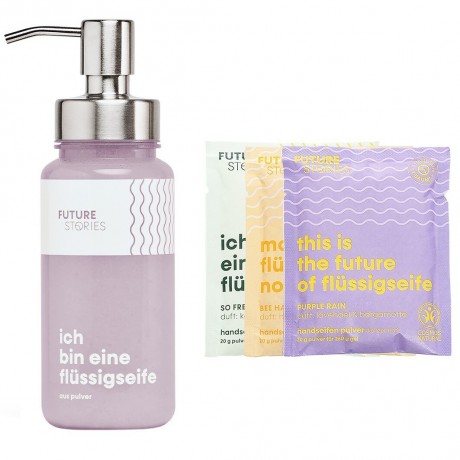 FUTURE STORIES Vorteilskit 3er Set Flussigseifen Pulver mit allen Sorten inkl. Pumpspender Набор Advantage Kit из 3 жидких мыльных порошков всех типов, включая помповый дозатор.