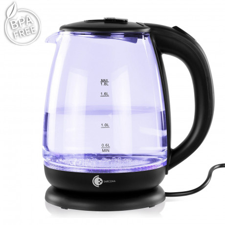 Sarcona Sarcona Wasserkocher Wasserkocher Schwarz Glas 1,8l 1800W WK10888, 1800,00 W, Glas, 1,8 Liter Fassungsvermogen  Чайник Sarcona чайник черный стекло 1,8л 1800Вт WK10888, 1800,00Вт, стекло, объем 1,8л