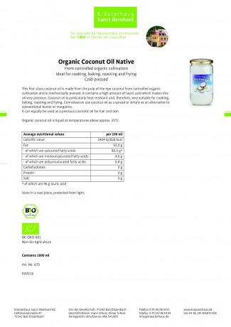 Krauterhaus Sanct Bernhardt Organic Coconut Oil 1000 ml cold pressed, 1 литр