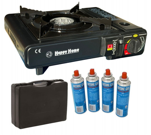 JUNG JUNG Gaskocher mobiler Campingkocher Gaskocher + 4 Kartuschen Gas, Autark verwendbar, (Gaskocher Notfall, Kartuschenkocher, Butangaskocher, praktischem Transportkoffer, erhitzen  aufwarmen Lebensmittel), mobiler Gaskocher, Outdoor geeignet Camping Ko