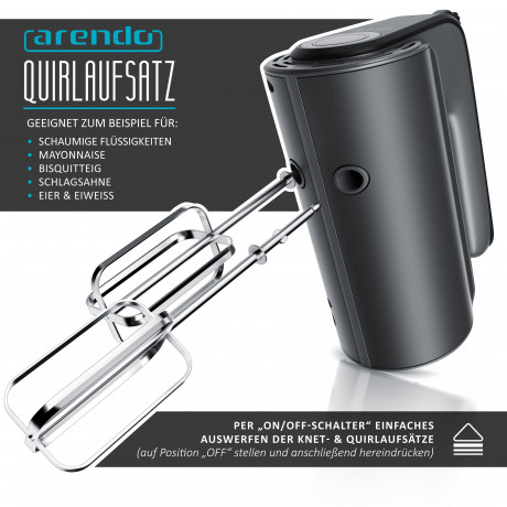 Arendo Arendo Handmixer, 350 W, aus Edelstahl mit Turbostaste, Handruhrer inkl. 2 Quirle  2 Knethaken  Ручной миксер Arendo, 350 Вт, из нержавеющей стали, с турбо-кнопкой, ручной миксер, в комплекте 2 венчика и 2 крюка для теста.