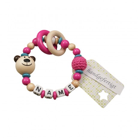 kleinerStorch Greifling mit Name – Madchen Beissring personalisiert – Holz Rassel Bar natur pink Игрушка-клатч с именем