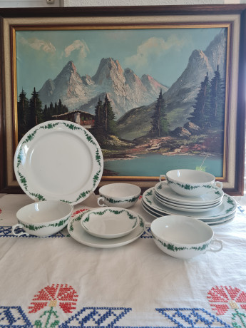 Furstenberg Винтажный чайный сервиз на 4 персоны с зеленым цветочным рисунком, Германия, 1960-70гг.