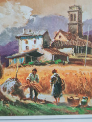 Картина винтажная Martocell "Мужчины в стогах", в раме, 15 х 12 см, Германия, 1980-90гг.