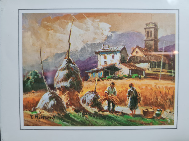 Картина винтажная Martocell "Мужчины в стогах", в раме, 15 х 12 см, Германия, 1980-90гг.