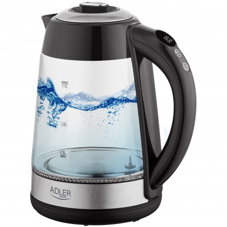 JUNG JUNG Wasserkocher ADLER AD1285, Wasserkocher mit Temperatureinstellung 40-100°C Digital, 1.7 l, 2200 W, Glas mit Edelstahl, LED Beleuchtung  LCD Display, 360° Basis Kettle  Чайник JUNG ADLER AD1285, чайник с регулировкой температуры 40-100°C, цифрово