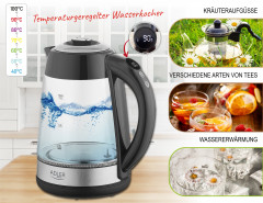 JUNG JUNG Wasserkocher ADLER AD1285, Wasserkocher mit Temperatureinstellung 40-100°C Digital, 1.7 l, 2200 W, Glas mit Edelstahl, LED Beleuchtung  LCD Display, 360° Basis Kettle  Чайник JUNG ADLER AD1285, чайник с регулировкой температуры 40-100°C, цифрово