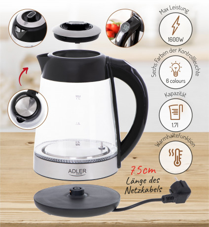 JUNG JUNG Wasserkocher ADLER AD1285, Wasserkocher mit Temperatureinstellung 40-100°C Digital, 1.7 l, 2200 W, Glas mit Edelstahl, LED Beleuchtung  LCD Display, 360° Basis Kettle  Чайник JUNG ADLER AD1285, чайник с регулировкой температуры 40-100°C, цифрово