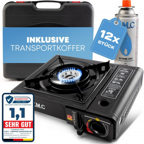 ZMC ZMC Gaskocher Gaskocher 1-flammig + Aufbewahrungskoffer + 12x Gaskartuschen 227g, (Butangas Campingkocher fur Innenraum/Outdoor, Campinggaskocher 2,2 kW mit Piezozundung), Kochfeld Herd Gaskocher mit Kartusche, Gaskochfeld fur Camping Газовая плита Z