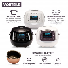 Reishunger Reishunger Reiskocher Digitaler Reiskocher  Dampfgarer, 860 W, Timer- und Warmhaltefunktion, 7-Kochphasen-Technologie, LED-Display Grau mit Kochbuch Рисоварка Reishunger цифровая рисоварка-пароварка, 860 Вт, таймер и функция поддержания тепла, 