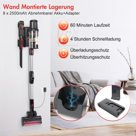 7Magic 7Magic Akku-Hand-und Stielstaubsauger, 450 W, 30000 Pa Starke Saugleistung, Laufzeit max. 60min, Faltbarer Staubsauger, 6-stufiges HEPA Filtrierung, LED Anti-Tangle Elektroburste, Abnehmbarer Akku, Wandhalterung, fur Tierhaare/Fussboden/Teppiche, 0