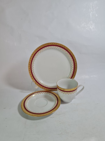 Кофейное трио винтажное Scherzer Bavaria, бело-красный фарфор с обильным позолоченным декором, 10 x 7 см / 14 см / 19,5 см, Германия, 1960-70гг.