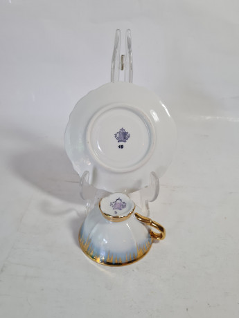 Кофейная пара винтажная RW Bavaria, бело-синий фарфор с декором и обильной позолотой, 9 x 4,5 см / 12 см, Германия, 1960-70гг.