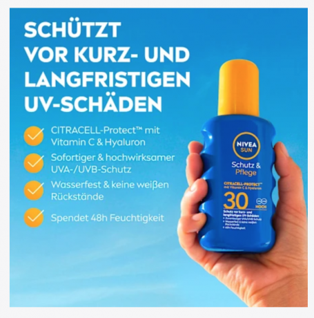 NIVEA SUN Sonnenspray Schutz & Pflege LSF 30, Солнцезащитный спрей для защиты и ухода за кожей, SPF 30, 200 мл