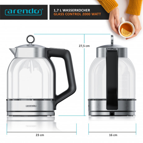 Arendo Arendo Wasserkocher, 1,7 l, 2000 W, Glas  Edelstahl, Temperatureinstellung, 360° Basis, Warmhaltefunktion  Чайник Arendo, 1,7 л, 2000 Вт, стекло нержавеющая сталь, регулировка температуры, подставка на 360°, функция поддержания тепла