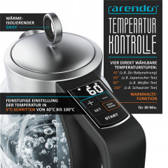 Arendo Arendo Wasserkocher, 1,7 l, 2000 W, Glas Edelstahl, Temperatureinstellung, 360° Basis, Warmhaltefunktion Чайник Arendo, 1,7 л, 2000 Вт, стекло нержавеющая сталь, регулировка температуры, подставка на 360°, функция поддержания тепла