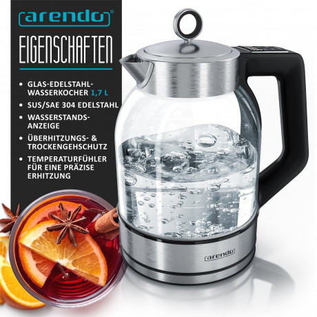 Arendo Arendo Wasserkocher, 1,7 l, 2000 W, Glas  Edelstahl, Temperatureinstellung, 360° Basis, Warmhaltefunktion  Чайник Arendo, 1,7 л, 2000 Вт, стекло нержавеющая сталь, регулировка температуры, подставка на 360°, функция поддержания тепла