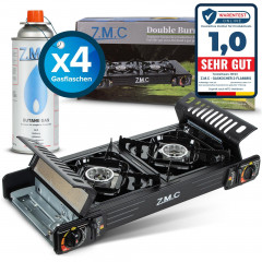 ZMC ZMC Gaskocher PREMIUM 2 Flammig Campingkocher Outdoor Gaskocher + 4x Gaskartuschen, (Doppel Kartuschenkocher Gasherd Kochfeld mit Piezozundung Warmeleistung: 2,0KW), Butan Gas 227g Gaskocher Outdoor Camping Gas Kocher Herd Butangas  Газовая плита ZMC 