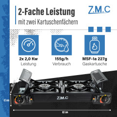 ZMC ZMC Gaskocher PREMIUM 2 Flammig Campingkocher Outdoor Gaskocher + 4x Gaskartuschen, (Doppel Kartuschenkocher Gasherd Kochfeld mit Piezozundung Warmeleistung: 2,0KW), Butan Gas 227g Gaskocher Outdoor Camping Gas Kocher Herd Butangas  Газовая плита ZMC 