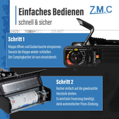 ZMC ZMC Gaskocher PREMIUM 2 Flammig Campingkocher Outdoor Gaskocher + 4x Gaskartuschen, (Doppel Kartuschenkocher Gasherd Kochfeld mit Piezozundung Warmeleistung: 2,0KW), Butan Gas 227g Gaskocher Outdoor Camping Gas Kocher Herd Butangas  Газовая плита ZMC 