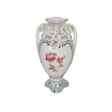 Ваза винтажная Royal Dux Bohemia, бело-светло-бирюзовый фарфор с цветочным декором и позолотой, 14,5 x 8 см, Чехословакия, 1960-70гг.