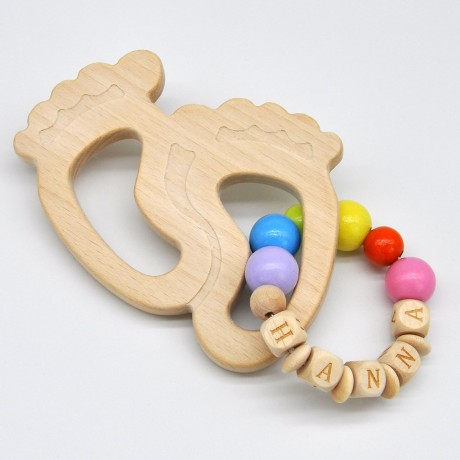 glucksWunder Holz Greifling Beissring Babyfusschen Buche personalisiert mit Name in Geschenkverpackung Деревянное кольцо для прорезывания зубов детские ножки бук персонализированное с именем в подарочной коробке