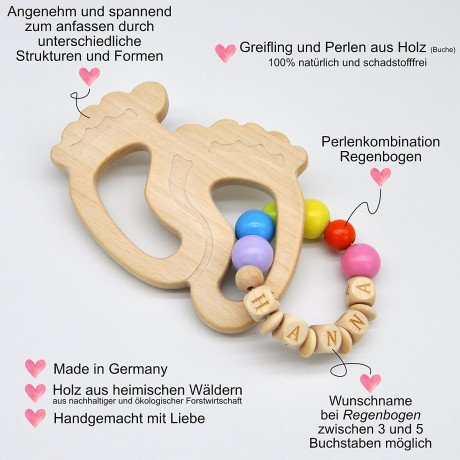 glucksWunder Holz Greifling Beissring Babyfusschen Buche personalisiert mit Name in Geschenkverpackung Деревянное кольцо для прорезывания зубов детские ножки бук персонализированное с именем в подарочной коробке