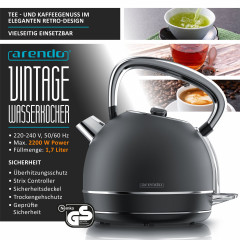 Arendo Arendo Wasserkocher, 1,7 l, 2200 W, Edelstahl, Retro Style Vintage, LED Temperaturanzeige, grau Чайник Arendo 1,7 л, 2200 Вт, нержавеющая сталь, ретро-стиль, винтажный светодиодный дисплей температуры, серый