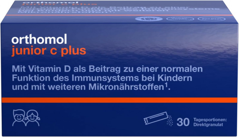 Orthomol junior C plus Granulat Himbeer/Limette 30 sticks, Ортомол джуниор С+ с Витаминами D и C, селеном и цинком для иммунитета, здоровья, роста и развития детей с 4-х лет, гранулы в стиках со вкусом малины и лайма, 30 шт