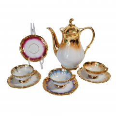 Набор для кофе винтажный RW Bavaria, белый фарфор с обильной позолотой: кофейник 19 x 21 см, 3 чашки 9 x 4,5 м, 4 x блюдца - 12см, Германия, 1960-70гг.
